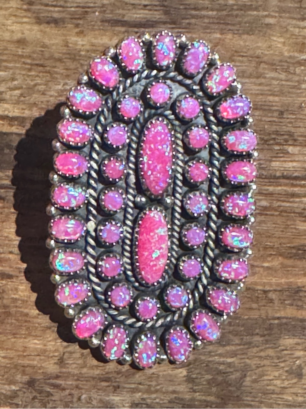 Hot Pink opal oval concho cluster large statement Sterling silver ring